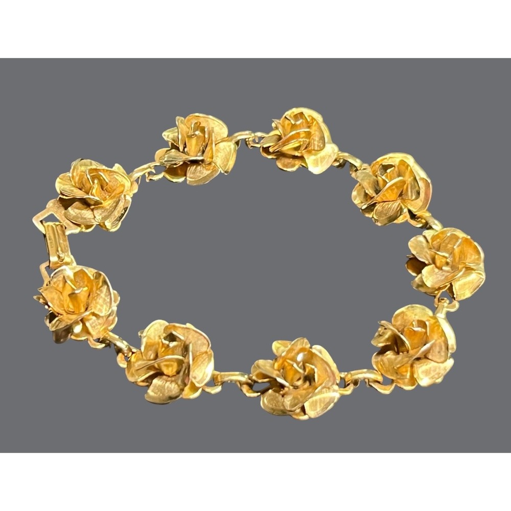 Vintage Gold Tone FIGURAL 3D FLOWER BRACELET Figural Roses Floral 7" Long